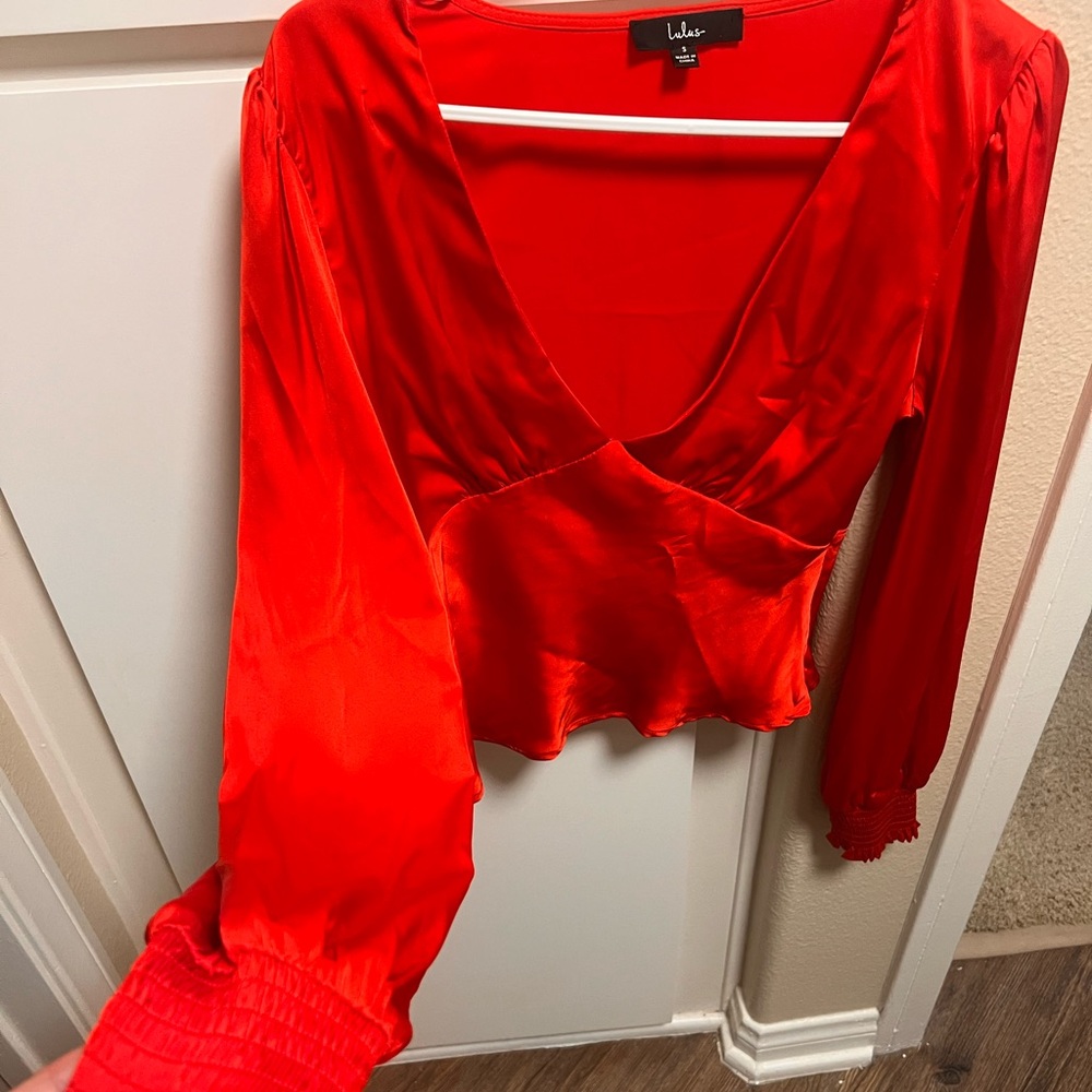 Red long sleeve silk blouse